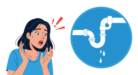 Anxious woman looking stressed next to a circular icon showing a water pipe leaking blue droplets in a plumbing problem.