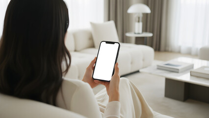 Hand holding mobile smartphone with blank white screen mockup in modern living room interior background for app design presentation and website display copy space for digital brand
