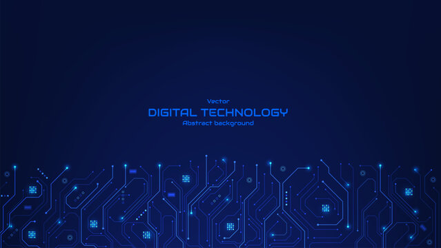 Futuristic digital circuit board background with glowing blue circuit lines and electronic elements. Motherboard technology texture design. AI artificial intelligence. Vector illustration.