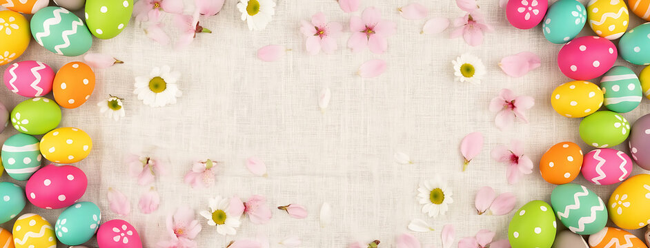 Colorful Easter Eggs Surrounded by Pink and White Flowers on a Beige Fabric Background