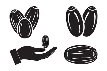 Dried date fruit silhouettes and hand holding single date piece vector illustration elements