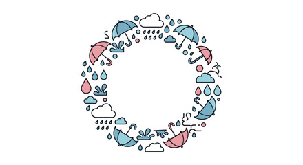 Circular border frame made of various weather icons like umbrellas, clouds, raindrops, and puddles in pink and blue.