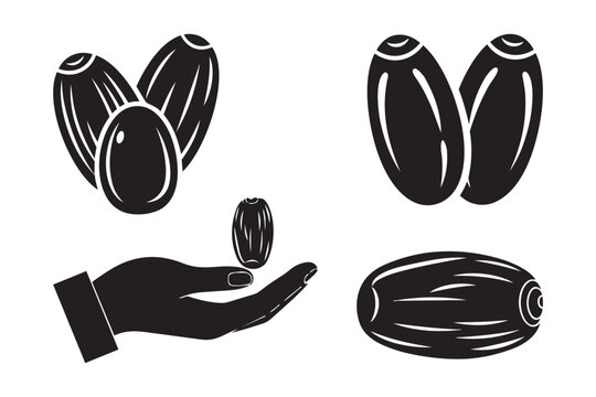 Dried date fruit silhouettes and hand holding single date piece vector illustration elements