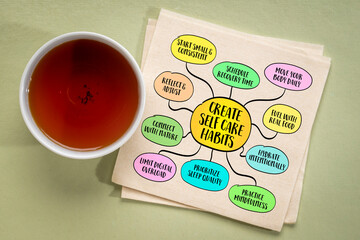 Create self care habits - inspirational health and personal development concept. Infographics mind map.
