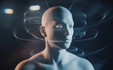 Futuristic cyborg head glowing with blue energy lines around face representing advanced artificial intellect