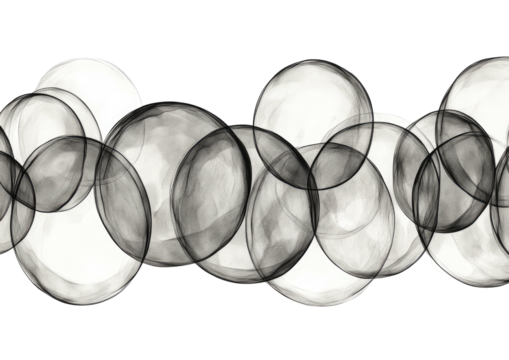 Overlapping translucent circles in grayscale on black - Powered by Adobe