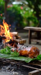 Whole roasted pig cooked over an open fire on a rustic shoulder in a rural setting, surrounded by greenery and warmth of fire