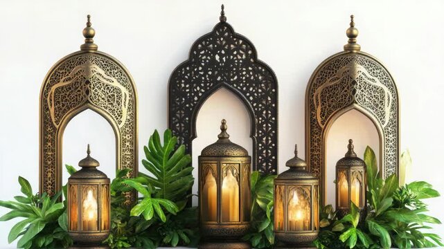 Moroccan lanterns decorative set, featuring traditional arabesque designs and intricate filigree work. Ideal for outdoor lighting or home decoration.