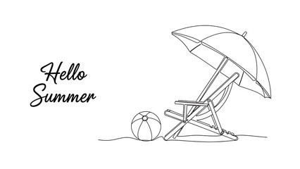 Hello summer greeting with line art drawing of a beach chair and umbrella next to a beach ball, isolated on white background
