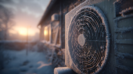 Stunning photo of Outdoor heat pump unit covered in snow during winter sunset