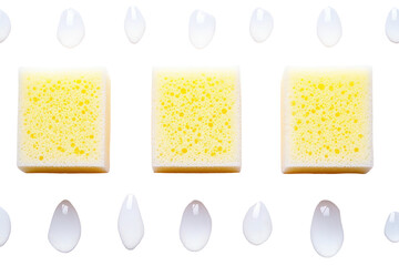 Three yellow sponges surround by white droplets on black