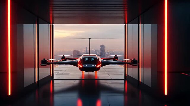 A futuristic flying car takes off from a rooftop helipad in a neon-lit city at dusk.