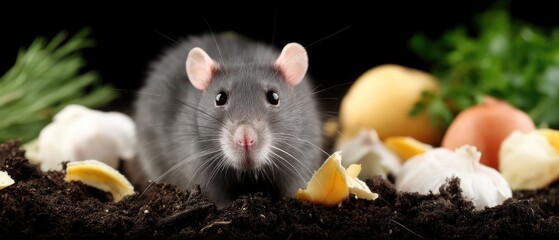 Rat finds food waste in garden near trash cans with banana peels and other garbage on black dirt