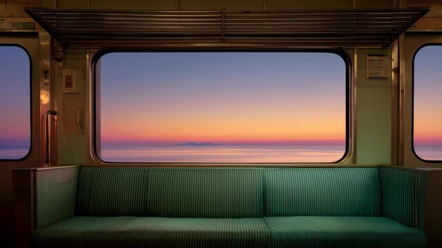 海沿い電車の窓から眺める静かな夕焼け空の景色