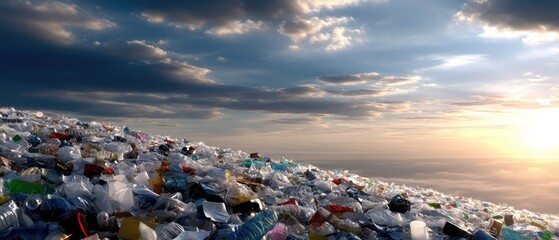 Mountain of waste with processing facility and spinning machine in the background as clouds gather above during sunset