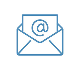 Email envelope line icon with at symbol, electronic mail message and communication symbol, contact, inbox and digital correspondence isolated on white background flat vector illustration.