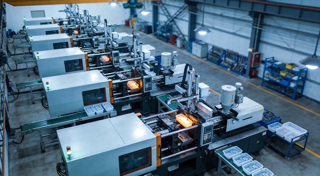 Industrial molding machines shaping plastic components.