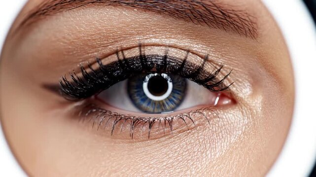 Close-up of a woman's blue eye with dramatic eyeliner and long lashes