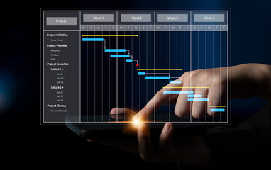 Visual representation of a project management Gantt chart displayed on a tablet screen, showcasing week progression with user interaction in a modern office setting. Tessel