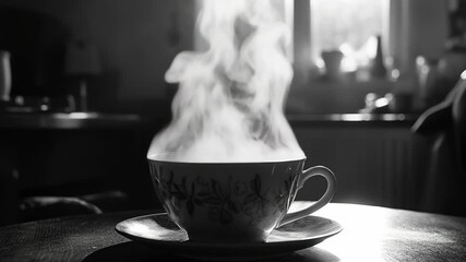 Steaming hot beverage in a white cup with floral design.