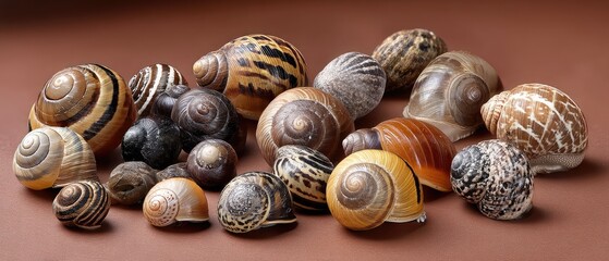 Wild snails on a plain background in various poses and patterns showcasing their unique shells and forms
