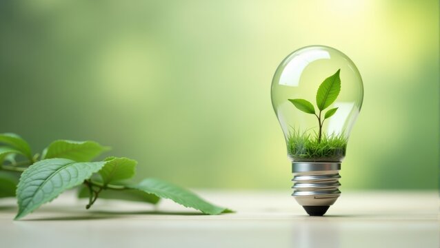 Light bulb with green plant inside symbolizes eco-friendly innovation and sustainability concept - Powered by Adobe