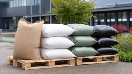 Stacks of sandbags on pallets in warehouse with available space for text, suitable for various projects and contests