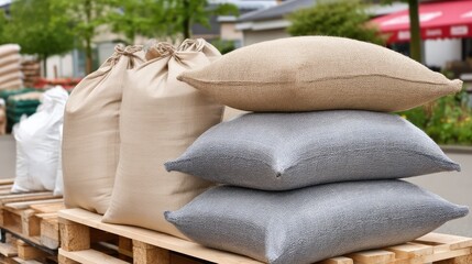 Stacks of sandbags on pallets in a warehouse setting with space for text and natural light lighting the scene