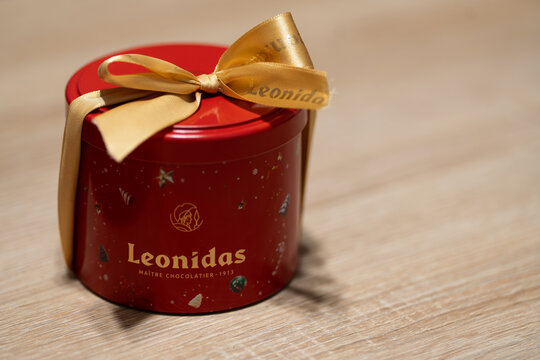 Bucharest Romania 8 January 2026.Leonida chocolate box photographed on a wooden table. Classic confectionery presentation with a rustic background, suitable for food, gifting, and lifestyle concepts