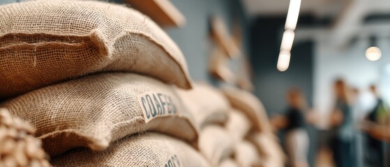 Stock of sandbags stacked on pallets in a warehouse setting, with white labels clearly visible in the background during daylight hours
