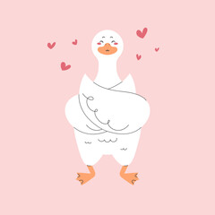 Hugging hand drawn duck in love. Valentine&rsquo;s Day love card template. Vector illustration