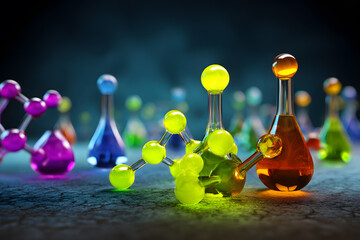 Colorful chemical structures and laboratory equipment on a surface in a scientific setting during evening hours