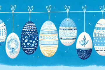 Decorative eggs hang on a string against a blue background during a festive season celebration in a colorful setting