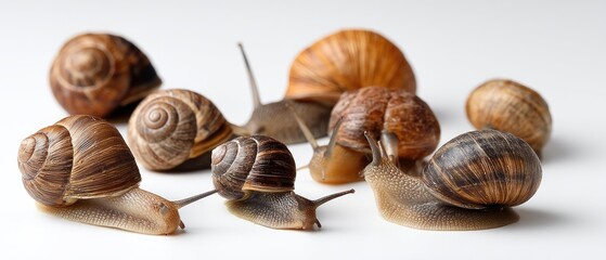 Collection of wild snails in various poses and expressions on a light background during daylight hours in a natural setting