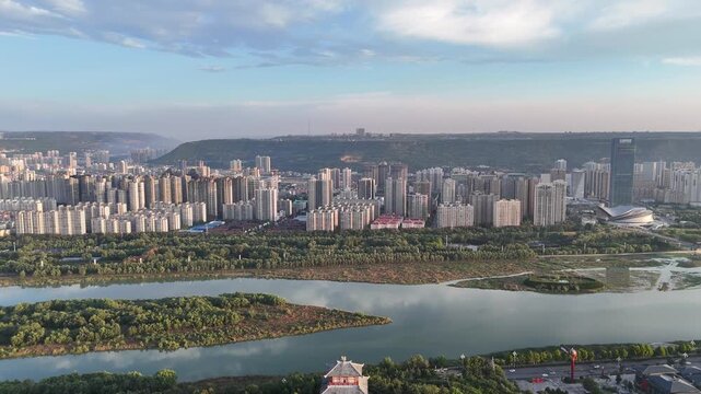 Baoji City Aerial View Along Wei River, Shaanxi Province China