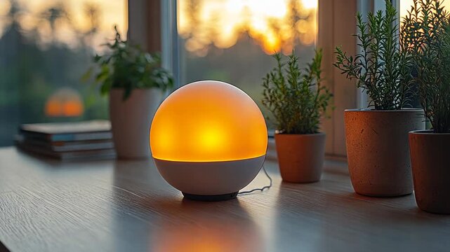 A round lamp glows orange on a windowsill at sunset, creating a cozy atmosphere.