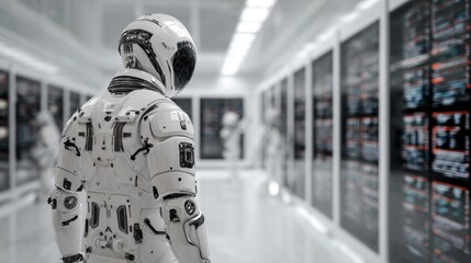 A white humanoid robot stands in a brightly lit server room with racks of glowing monitors