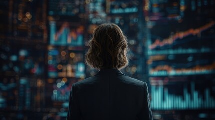Woman in suit facing glowing digital financial charts and graphs on screens