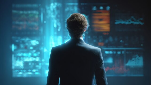 Man in suit looking at futuristic glowing data screens displaying charts and graphs - Powered by Adobe