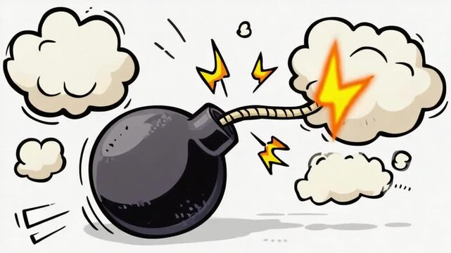 Animated Cartoon Explosive Bomb Blowing Up with Smoke Clouds and Sparks in a Playful Style