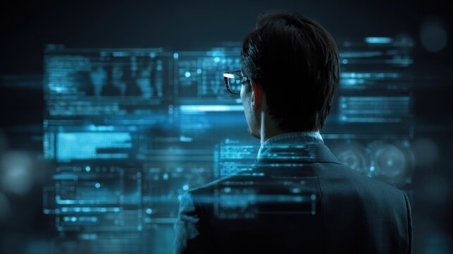 Man in glasses observing complex digital interfaces and futuristic data visualizations - Powered by Adobe