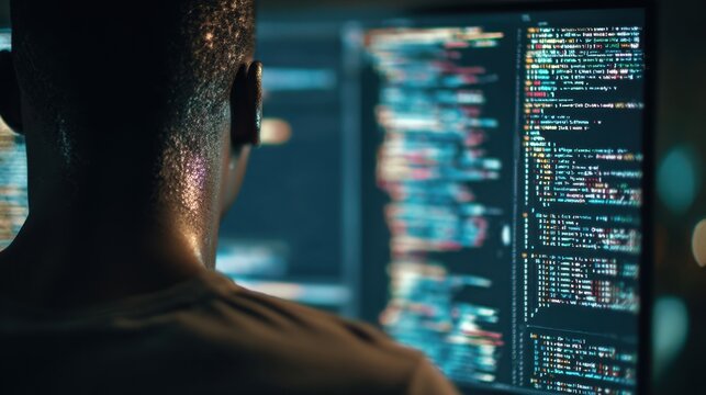 A person wearing a dark shirt viewed from behind focused on lines of colorful code displayed on a bright monitor - Powered by Adobe