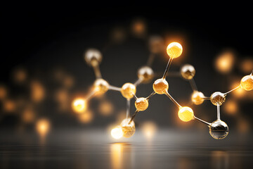 Scientific model showing molecules with glowing connections on a dark background in a lab setting