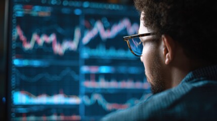 A man wearing glasses studies financial charts and stock market data on a computer screen