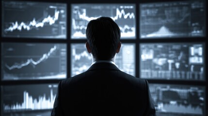 Businessman in suit observing financial stock market data charts on multiple screens