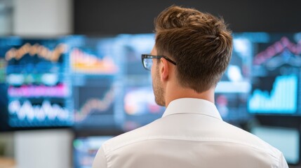 Man in white shirt with glasses observing multiple computer screens displaying stock market data and charts