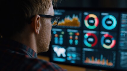 Man wearing glasses analyzes complex data charts and graphs on multiple computer screens