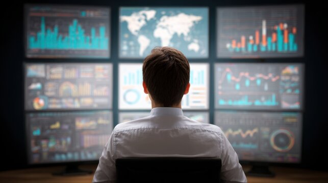 Man in white shirt observes multiple screens displaying financial charts and world map data - Powered by Adobe