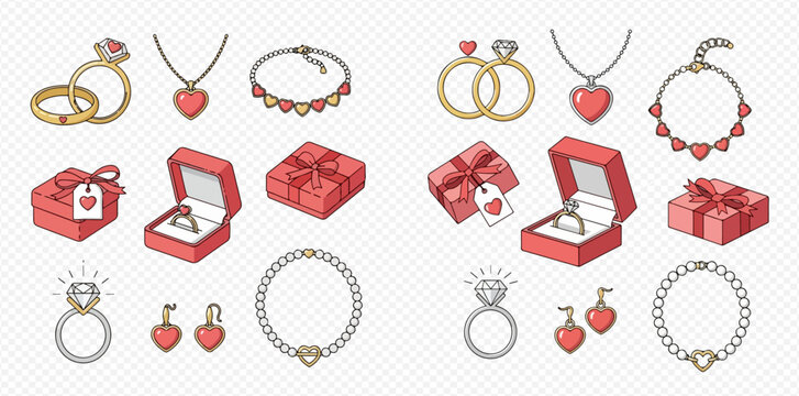 Collection of hand-drawn jewelry and gift boxes with heart motifs, perfect for Valentine's Day or romantic occasions.