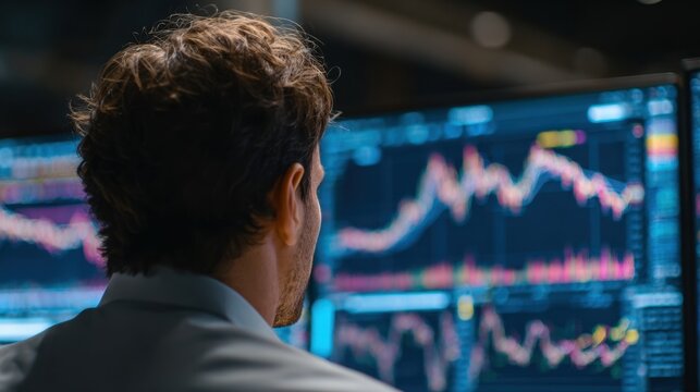 Man observes stock market graphs and financial data on multiple computer screens - Powered by Adobe
